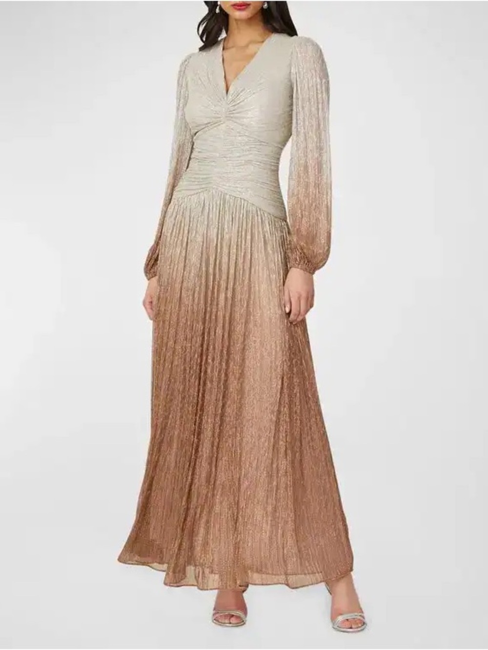 NWT Shoshanna Alina Ombre Metallic Chiffon Gown Champagne Rose Gold Size 8